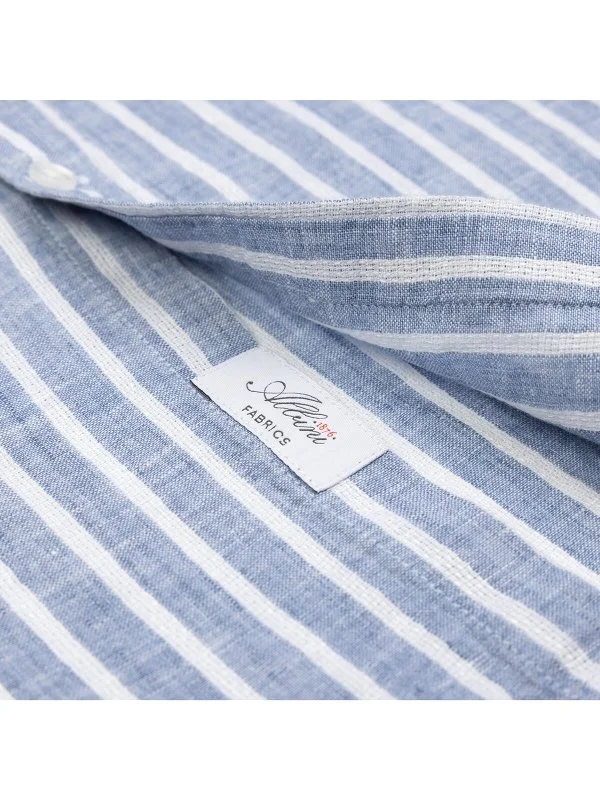 Germirli Soft Yaka Çift Kapak Cepli Tailor Fit İndigo Mavi Beyaz Çizgili Saf Keten Gömlek - 4