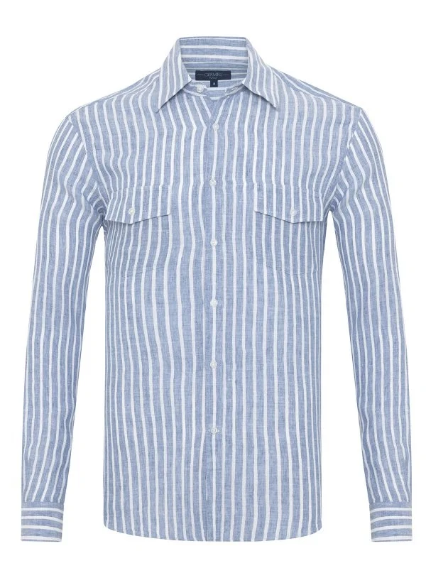 Germirli Soft Yaka Çift Kapak Cepli Tailor Fit İndigo Mavi Beyaz Çizgili Saf Keten Gömlek - 1