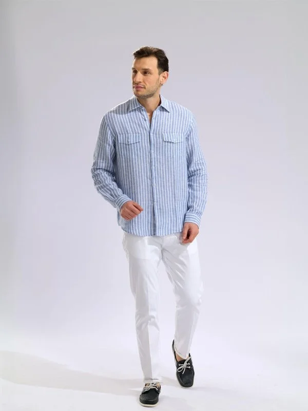 Germirli Soft Yaka Çift Kapak Cepli Tailor Fit İndigo Mavi Beyaz Çizgili Saf Keten Gömlek - 5