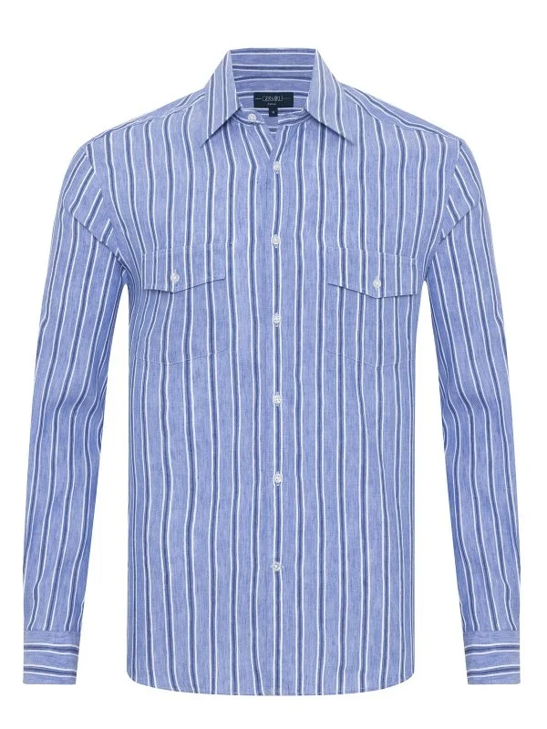 Germirli Soft Yaka Çift Kapak Cepli Tailor Fit Mavi Laci Çizgili Pamuk Keten Gömlek - 1