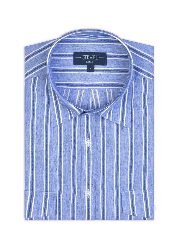 Germirli Soft Yaka Çift Kapak Cepli Tailor Fit Mavi Laci Çizgili Pamuk Keten Gömlek - 2