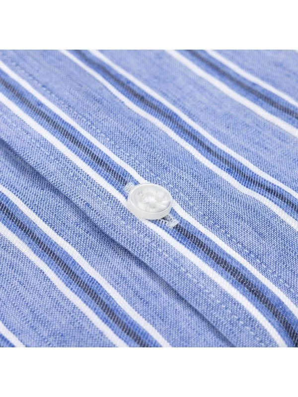 Germirli Soft Yaka Çift Kapak Cepli Tailor Fit Mavi Laci Çizgili Pamuk Keten Gömlek - 3