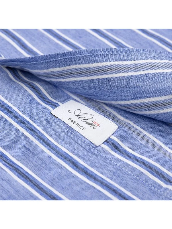 Germirli Soft Yaka Çift Kapak Cepli Tailor Fit Mavi Laci Çizgili Pamuk Keten Gömlek - 4