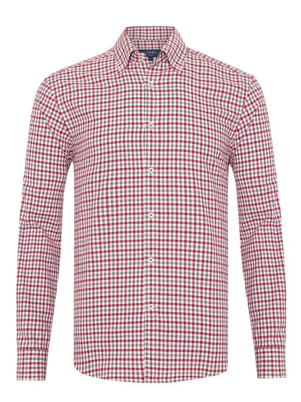 Germirli Testa 80/2 Flanel Kırmızı Melanj Düğmeli Yaka Tailor Fit Pamuk Gömlek - 1
