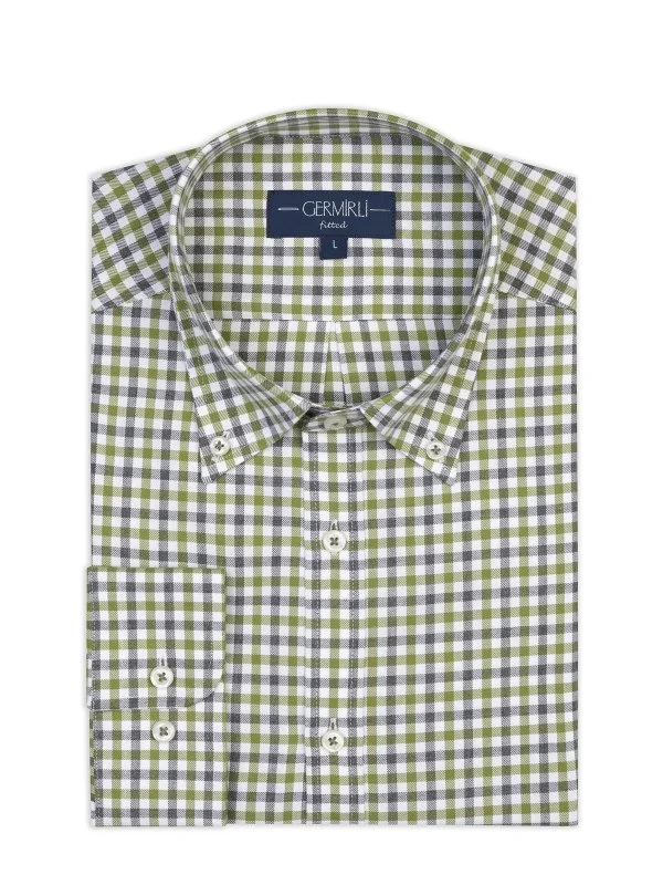 Germirli Testa 80/2 Flanel Yeşil Melanj Düğmeli Yaka Tailor Fit Pamuk Gömlek - 1