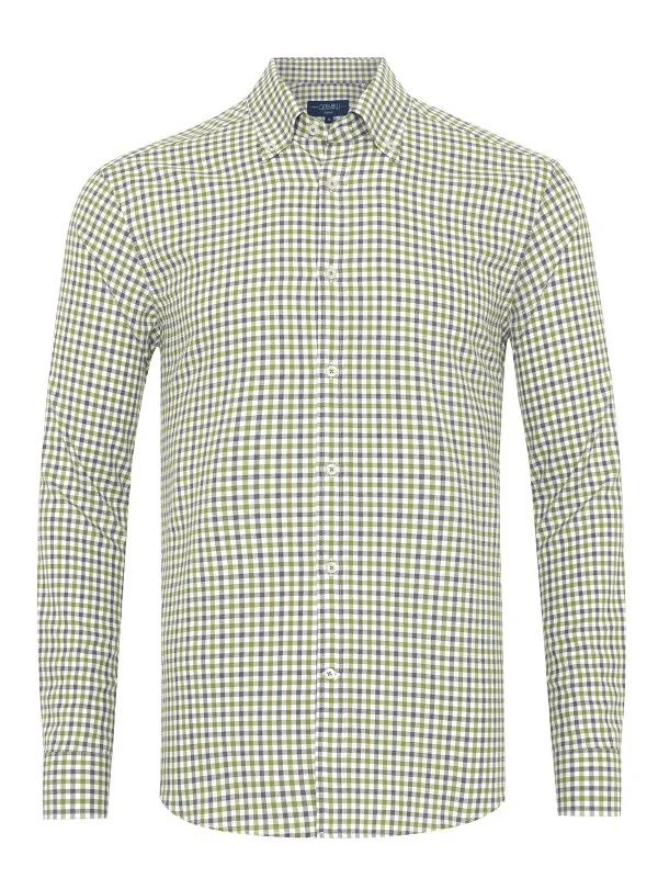 Germirli Testa 80/2 Flanel Yeşil Melanj Düğmeli Yaka Tailor Fit Pamuk Gömlek - 1