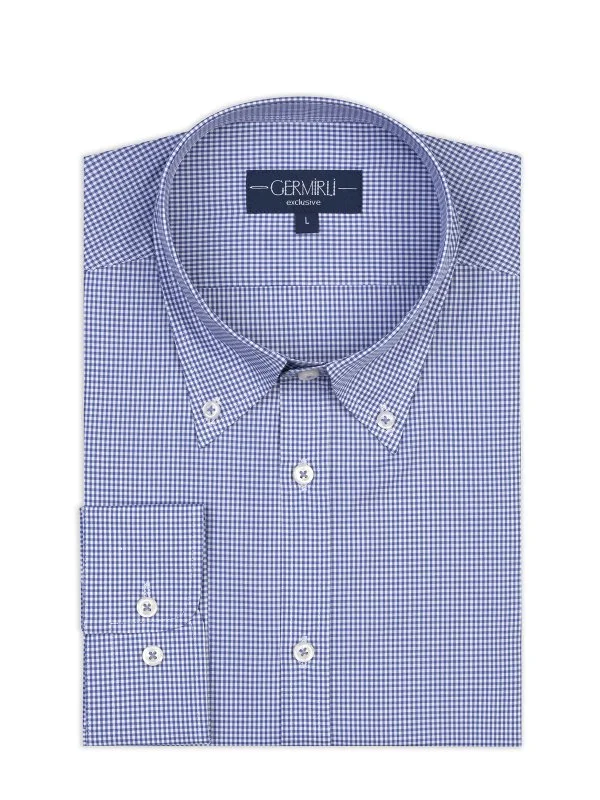 Germirli Testa Exclusive Lacivert Mini Pötikare Düğmeli Yaka Tailor Fit Pamuk Gömlek - 1