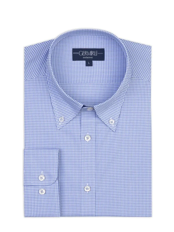 Germirli Testa Exclusive Mavi Mini Pötikare Düğmeli Yaka Tailor Fit Pamuk Gömlek - 1