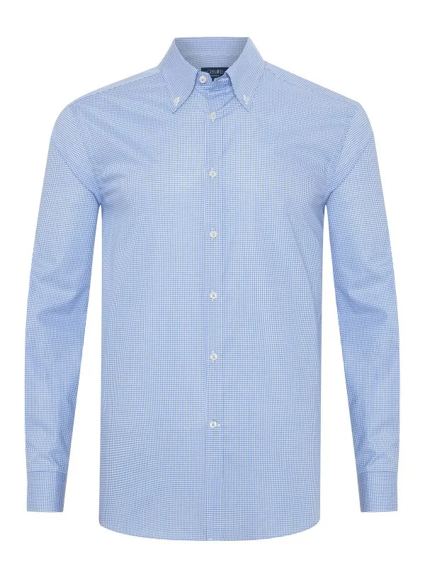 Germirli Testa Exclusive Mavi Mini Pötikare Düğmeli Yaka Tailor Fit Pamuk Gömlek - 1