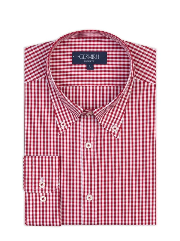 Germirli Testa Kırmızı Pötikare Düğmeli Yaka Tailor Fit Pamuk Exclusive Gömlek - 1