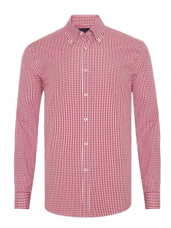 Germirli Testa Kırmızı Pötikare Düğmeli Yaka Tailor Fit Pamuk Exclusive Gömlek - 1