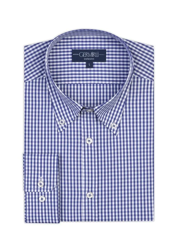 Germirli Testa Lacivert Pötikare Exclusive Düğmeli Yaka Tailor Fit Pamuk Gömlek - 1