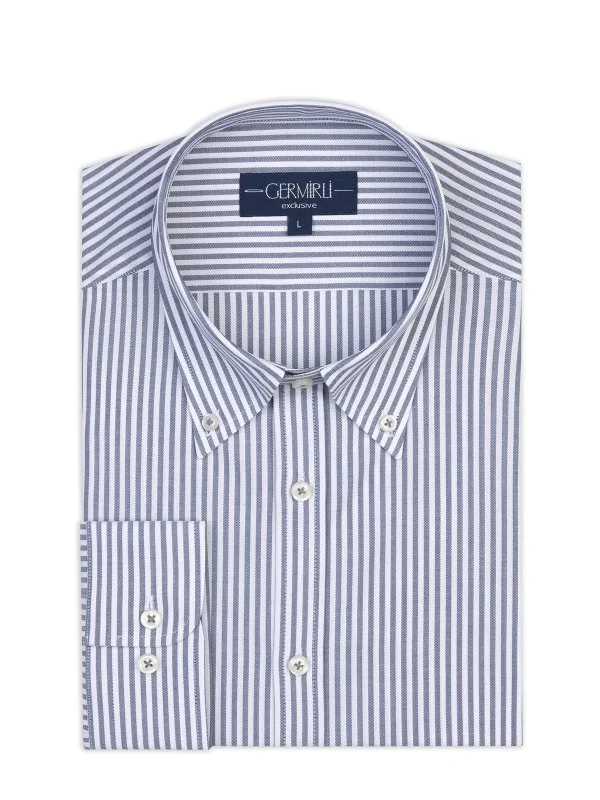 Germirli Testa Sartoriale Lacivert Çizgili Exclusive Düğmeli Yaka Tailor Fit Pamuk Gömlek - 1