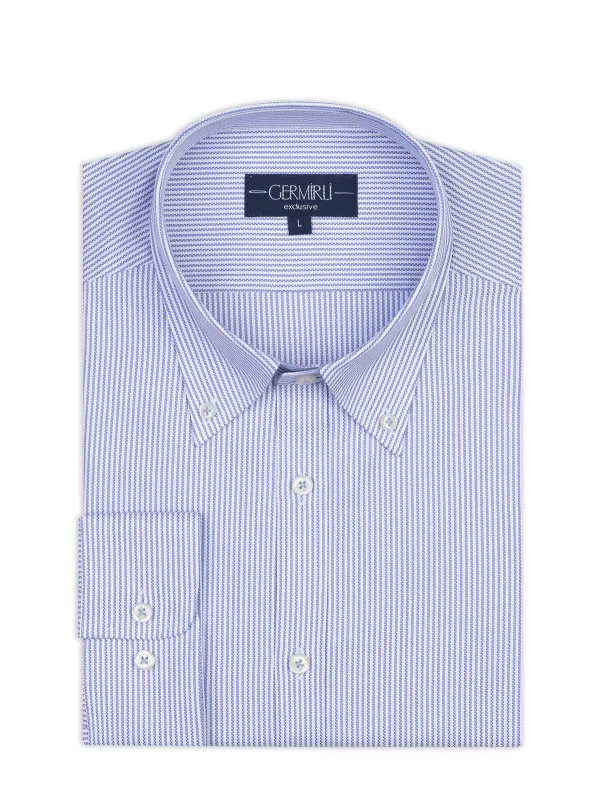 Germirli Testa Sartoriale Mavi Çizgili Exclusive Düğmeli Yaka Tailor Fit Pamuk Gömlek - 1