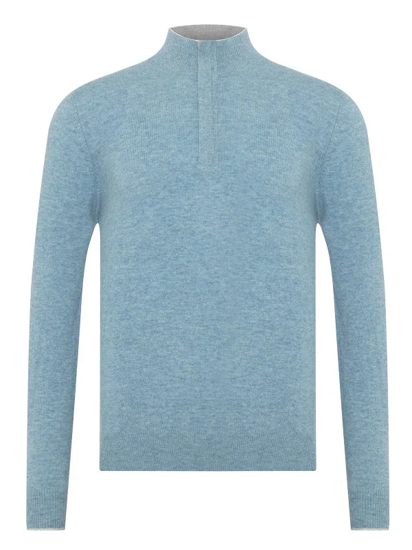 La Fileria Açık Mavi Yün Kaşmir Süet Peçli Fermuarlı Triko - 1