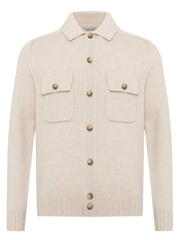 La Fileria Bej Rengi Cepli Gömlek Yaka Süper Geelong Yün Ceket Triko - 1