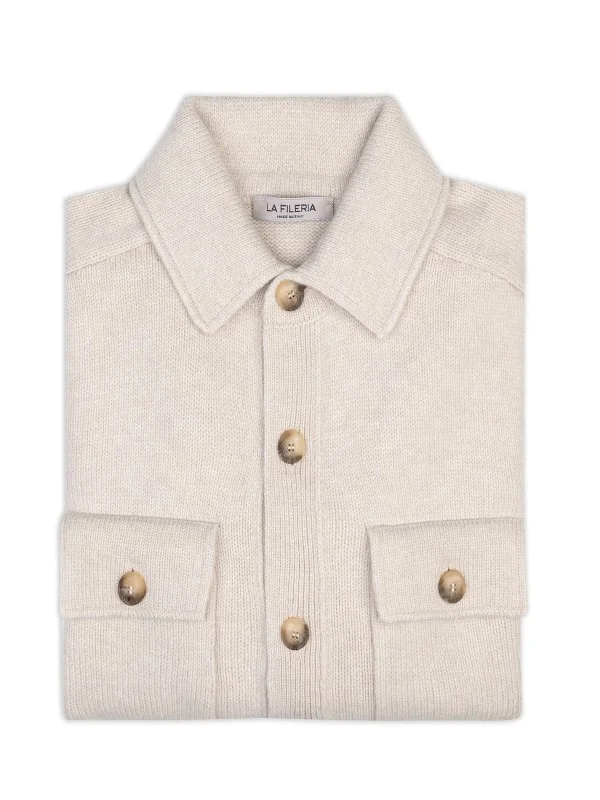 La Fileria Bej Rengi Cepli Gömlek Yaka Süper Geelong Yün Ceket Triko - 2