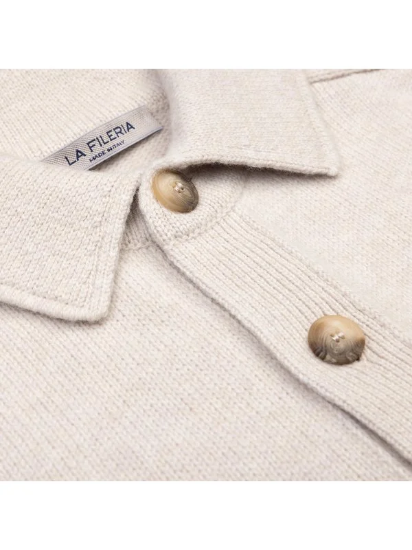 La Fileria Bej Rengi Cepli Gömlek Yaka Süper Geelong Yün Ceket Triko - 4