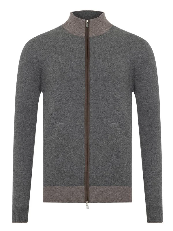 La Fileria Gri Yün Kaşmir Süet Peçli Fermuarlı Hırka Triko - 1