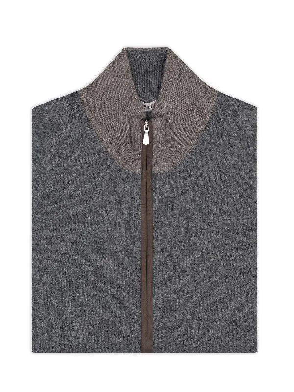 La Fileria Gri Yün Kaşmir Süet Peçli Fermuarlı Hırka Triko - 2