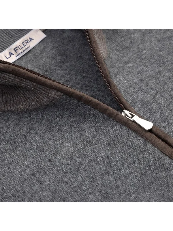 La Fileria Gri Yün Kaşmir Süet Peçli Fermuarlı Hırka Triko - 4