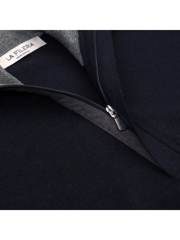 La Fileria Lacivert Yün Kaşmir Süet Peçli Fermuarlı Triko - 4