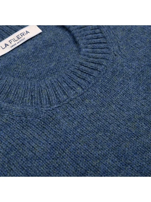 La Fileria Mavi Bisiklet Yaka Saf Shetland Yün Triko - 3