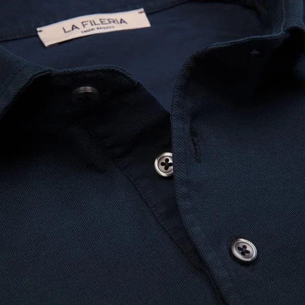 La Fileria Lacivert Vintage Gömlek Yaka Pamuk Slim Fit Tişört - 3
