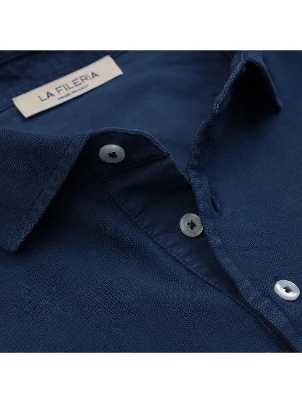 La Fileria Vintage İndigo Lacivert Gömlek Yaka Pamuk Slim Fit Tişört - 3