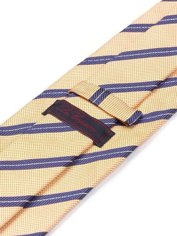 Les Copains Turuncu Bej Lacivert İnce Çizgili Dokulu İtalyan Kravat - 2